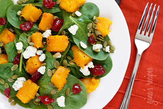 Baby Spinach Salad with Honey Roasted Butternut Squash, Pumpkin Seeds, Gorgonzola and Dried Cherries